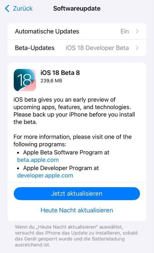 龙海苹果手机维修分享苹果 iOS / iPadOS 18 开发者预览版 Beta 8 发布 